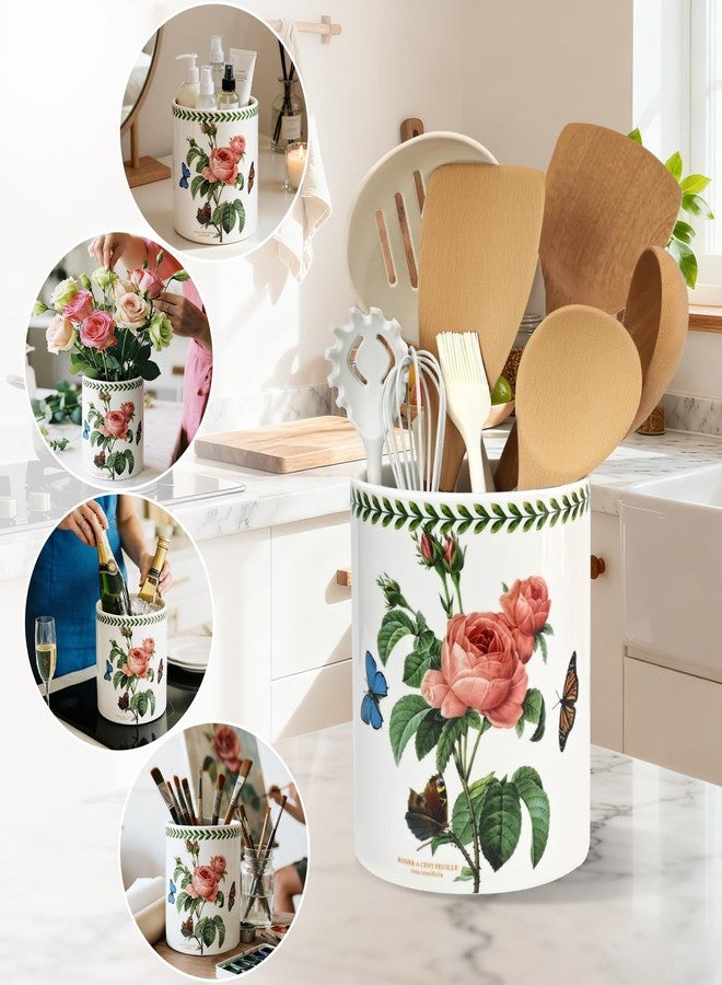 ACMLIFE Extra Large Cooking Utensil Holder, 7.3" Kitchen Utensil Holder for Countertop, Utensil Crock for Farmhouse Kitchen Decor, Ceramic Stable Utensil Caddy, Floral (Rose) - Image 1